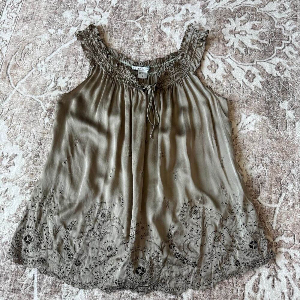 Peter Nygard Silk Eyelet Embroidered Olive Gold Top